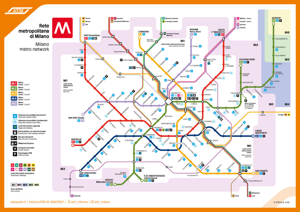 Schema rete metro di Milano 2024